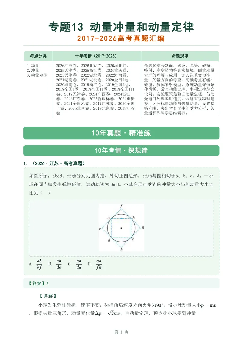 《专题十三动量冲量和动量定律_2017-2026物理高考真题专题汇编（40个专题）(1)》第1页预览