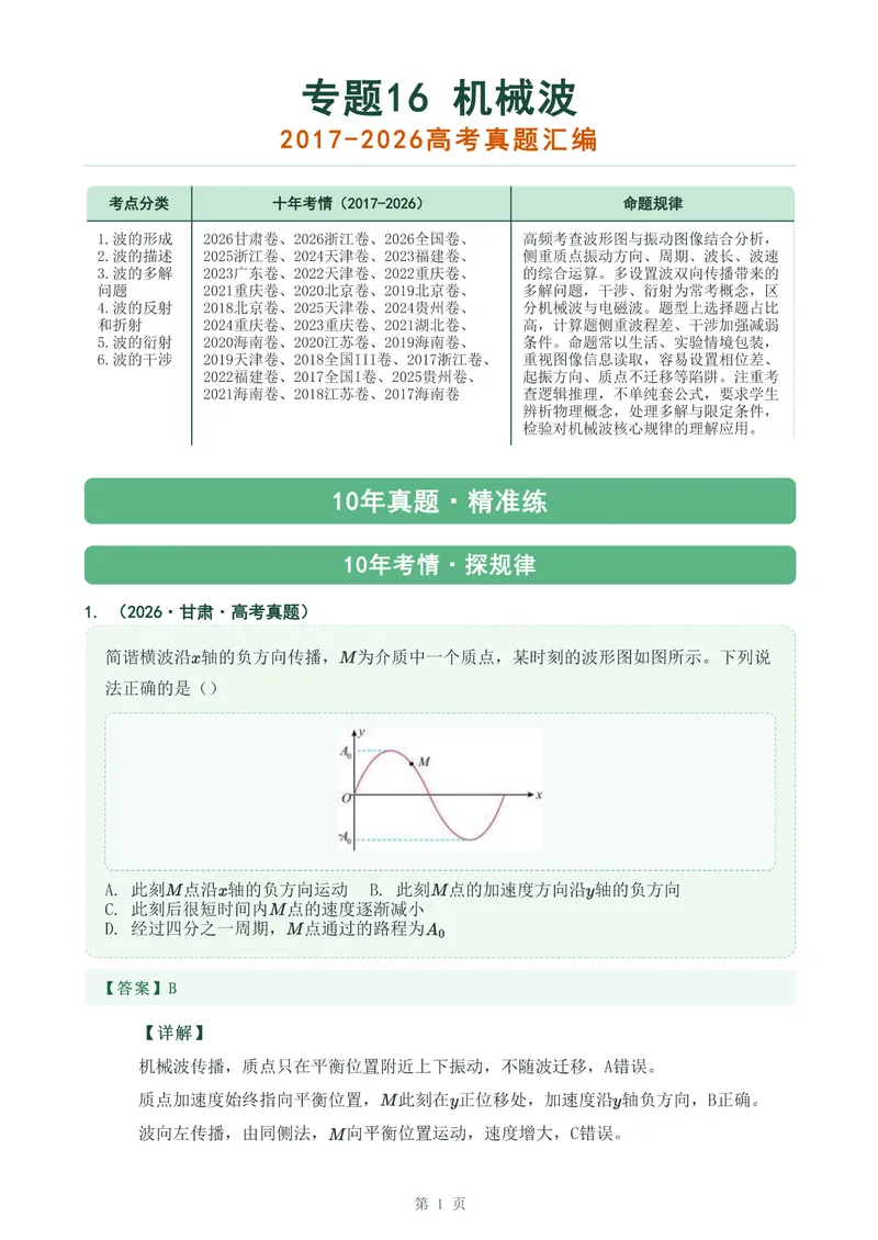 《专题十六机械波_2017-2026物理高考真题专题汇编（40个专题）(1)》第1页预览