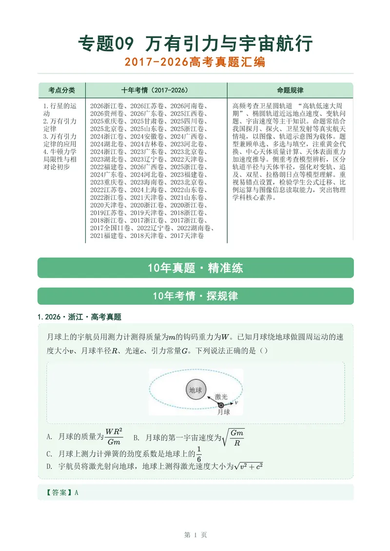 《专题九万有引力与宇宙航行_2017-2026物理高考真题专题汇编（40个专题）(1)》第1页预览