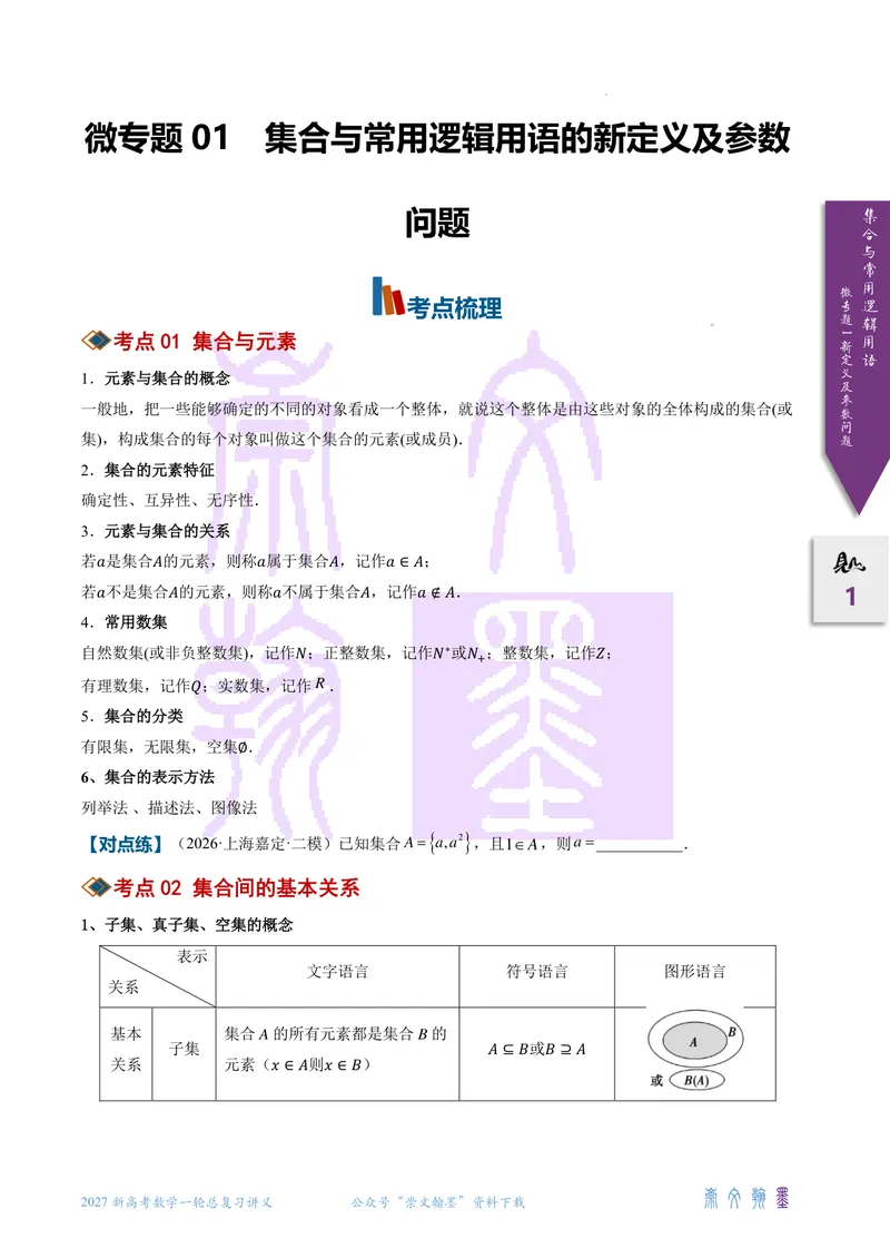 《微专题01集合与常用逻辑用语的新定义及参数问题（2027一轮讲义）（学生）_崇文一轮讲义(2027彩色版)》第1页预览