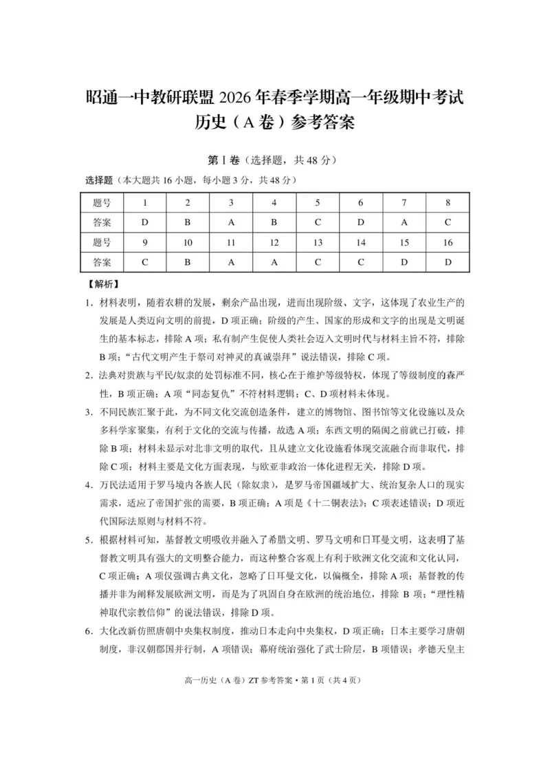 《昭通一中教研联盟2026年春季学期高一年级期中考试历史（A卷）-答案_2024-2027高一（7-7月题库）(1)_2026年05月高一试卷》第1页预览