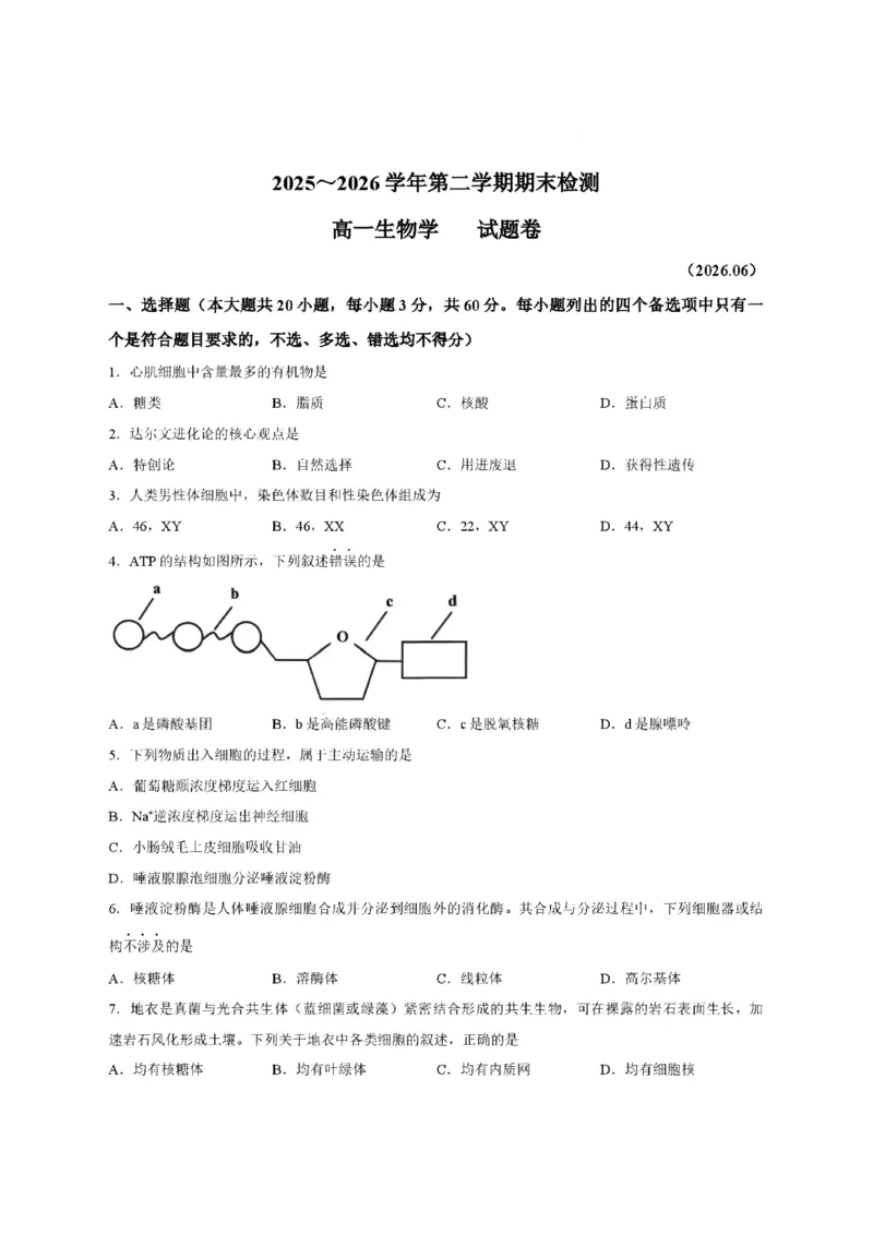 《浙江省嘉兴市2025-2026学年高一下学期6月期末检测生物试题含答案_2024-2027高一（7-7月题库）(1)_2026年06月高一试卷_260627浙江省嘉兴市2025-2026学年高一下学期6月期末检测（全）》第1页预览