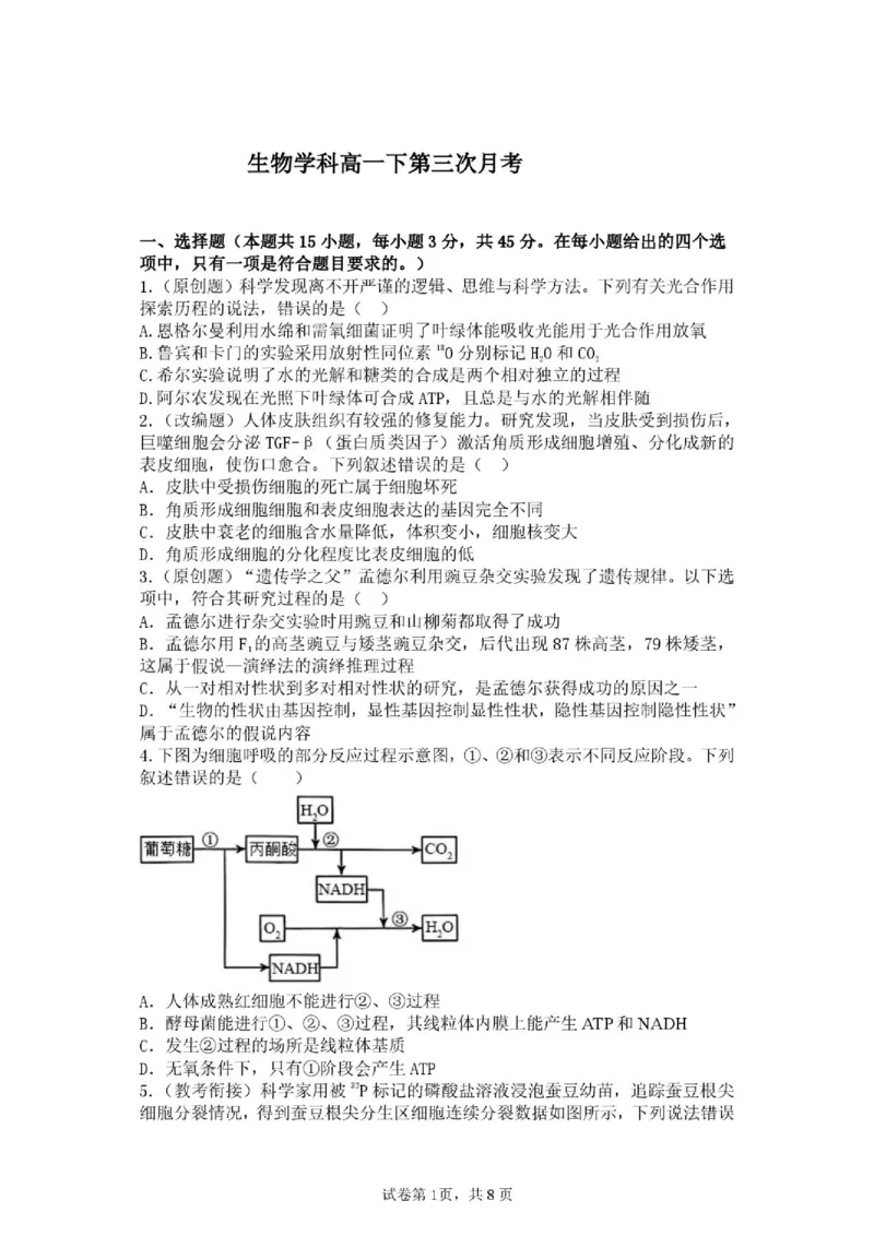 《生物_2024-2027高一（7-7月题库）(1)_2026年06月高一试卷_260619重庆市渝西中学2025-2026学年高一下学期6月阶段检测》第1页预览