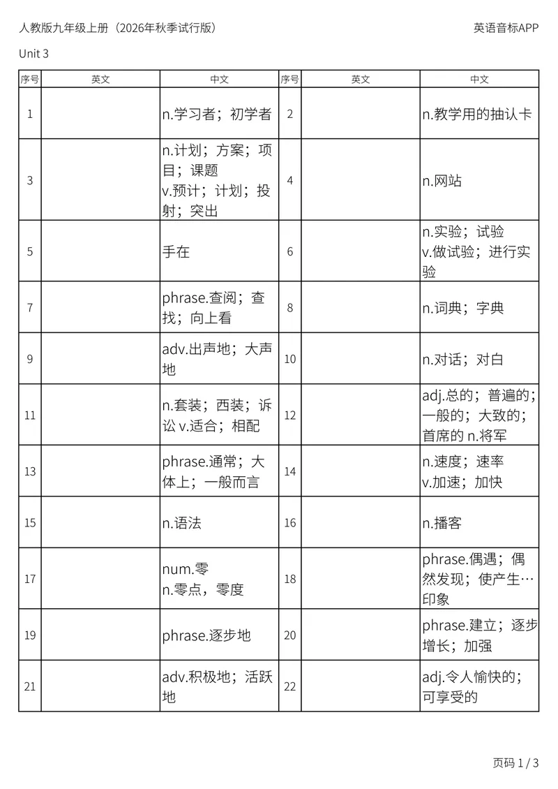 《人教版九年级上册_Unit3中译英_初中英语789_26秋最新人教版英语九年级上册_新版_第二套_04单词类资料_00暴雪制作资料_05.单词背诵默写7个表》第1页预览