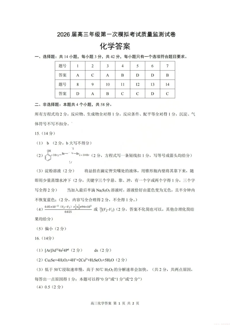 《2026届高三年级第一次模拟考试质量监测试卷化学答案_12.2026年4月全国各地高考模拟卷_2026届山西省高三年级第一次模拟考试质量监测》第1页预览