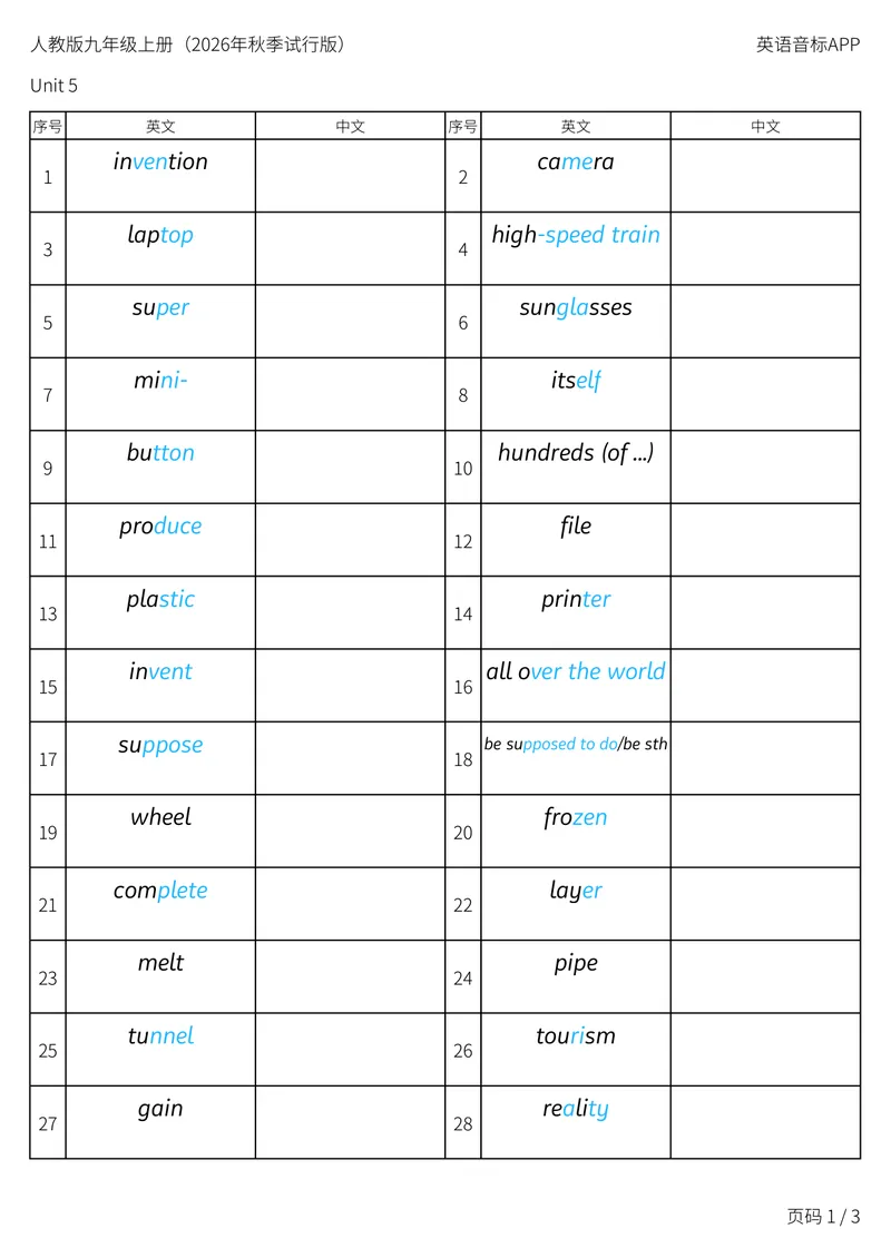 《人教版九年级上册_Unit5英译中_初中英语789_26秋最新人教版英语九年级上册_新版_第二套_04单词类资料_00暴雪制作资料_05.单词背诵默写7个表》第1页预览