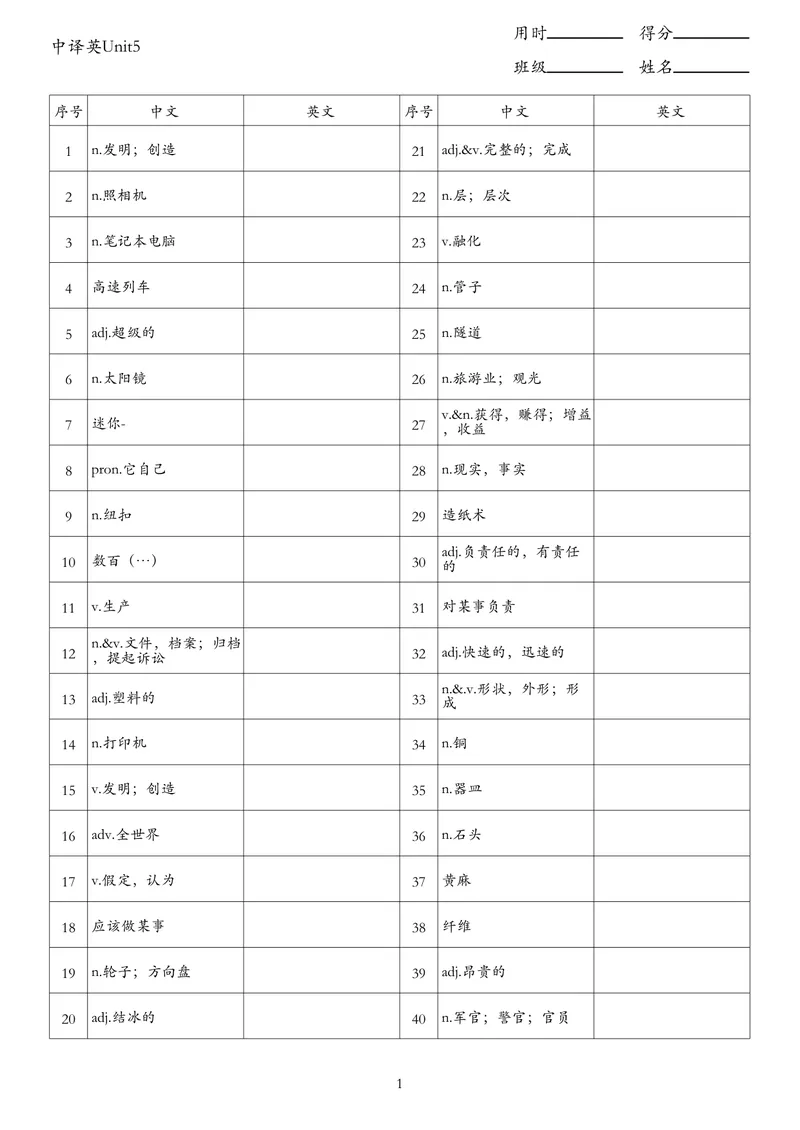 《中译英Unit5_初中英语789_26秋最新人教版英语九年级上册_26秋人教九上_03、单词默写表（中译英+英译中）PDF版+word版》第1页预览
