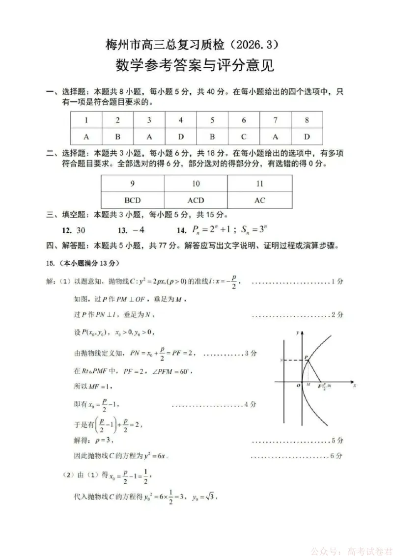 《2026届广东省梅州市高三一模数学试题答案_12.2026年4月全国各地高考模拟卷_2026届广东梅州市高三下学期一模_广东省梅州市2026届高三下学期一模数学试题（含答案）》第1页预览
