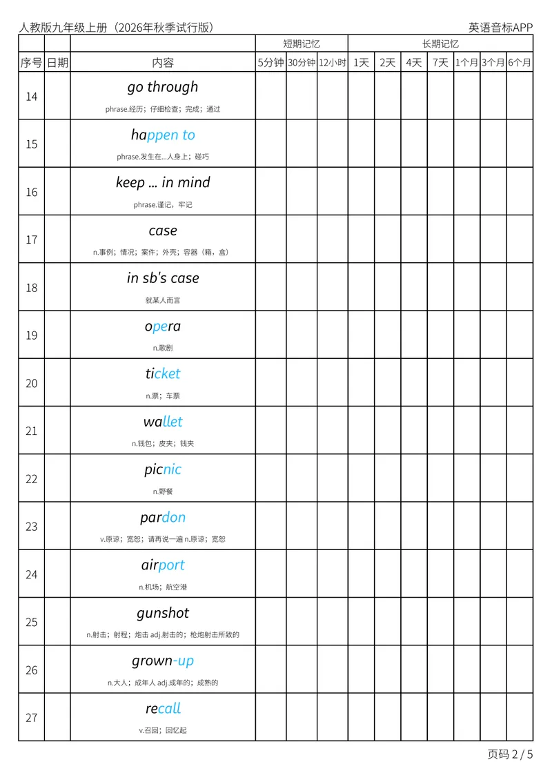 《人教版九年级上册_Unit4艾宾浩斯记忆表_初中英语789_26秋最新人教版英语九年级上册_新版_第二套_04单词类资料_00暴雪制作资料_05.单词背诵默写7个表》第2页预览