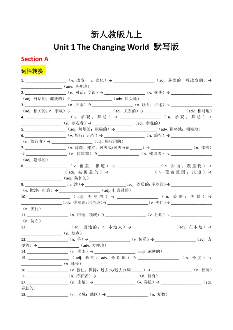 《U1学生版_初中英语789_26秋最新人教版英语九年级上册_26秋人教九上_08、单元知识清单背诵版+默写版PDF版+word版_知识清单PDF版本_U1》第1页预览