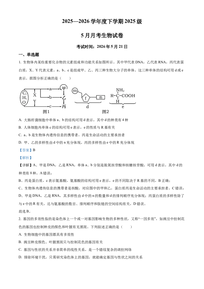 《湖北省荆州市沙市中学2025-2026学年高一下学期5月阶段检测生物试题Word版含解析_2024-2027高一（7-7月题库）(1)_2026年06月高一试卷》第1页预览