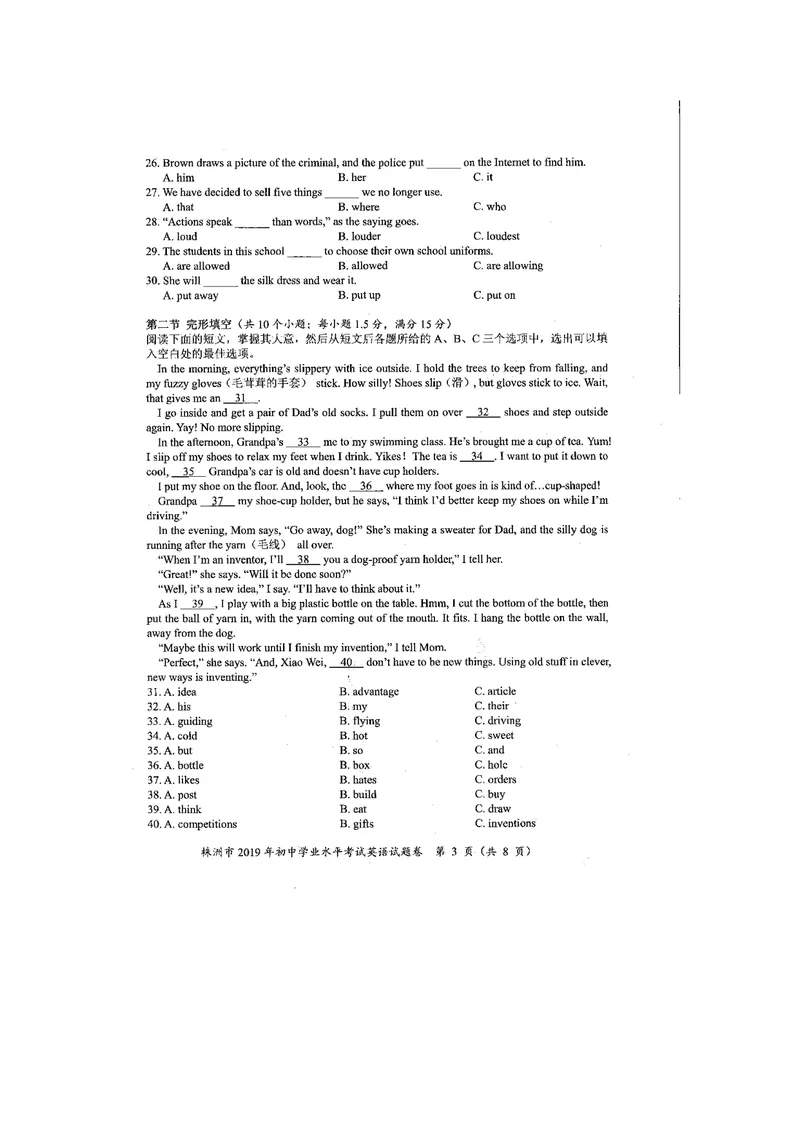 《2019年湖南省株洲市中考英语试题（PDF版，无答案）_初中英语789_26秋最新人教版英语九年级上册_人教版英语九年级全册_人教版初中英语9全一册_0最新更新_人教版英语9年级下册_湖南_株洲》第3页预览