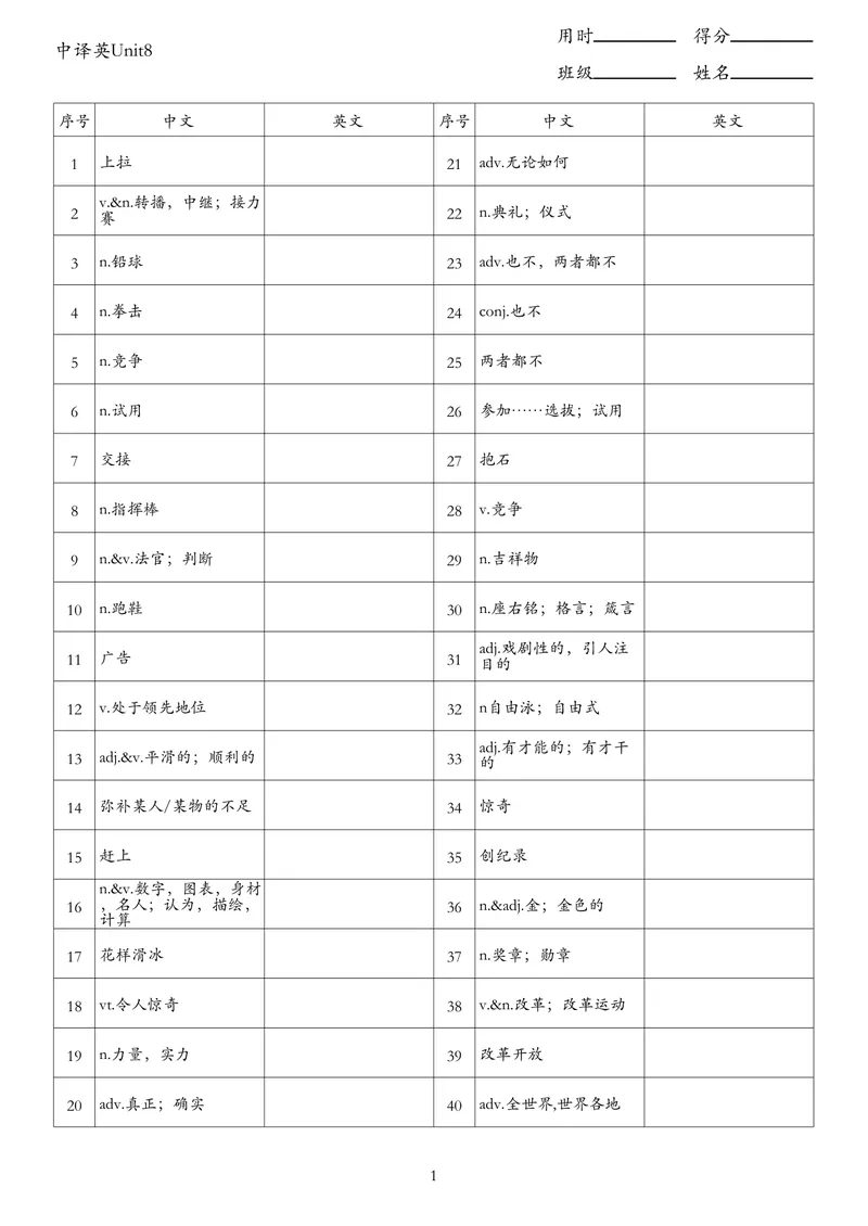 《中译英Unit8_初中英语789_26秋最新人教版英语九年级上册_26秋人教九上_03、单词默写表（中译英+英译中）PDF版+word版》第1页预览