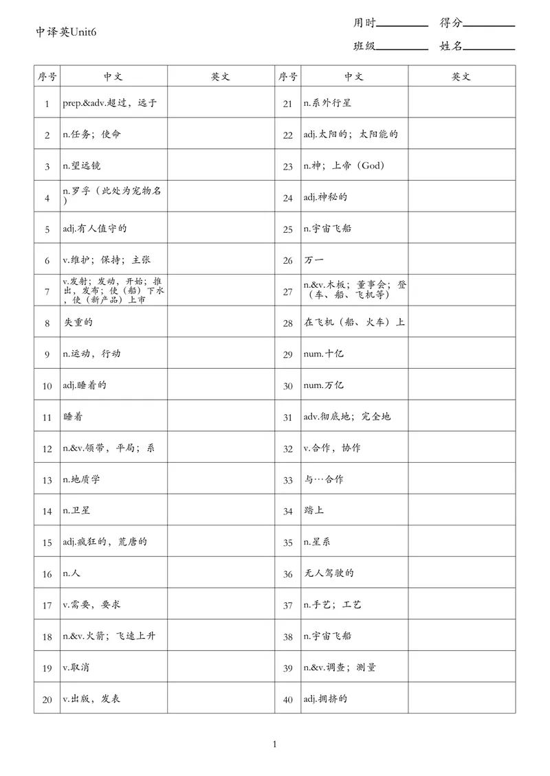 《中译英Unit6_初中英语789_26秋最新人教版英语九年级上册_26秋人教九上_03、单词默写表（中译英+英译中）PDF版+word版》第1页预览