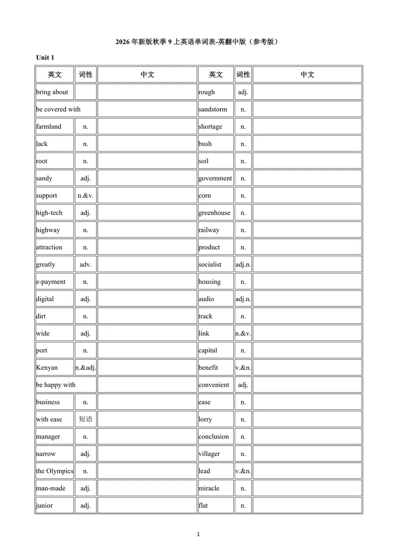 《9上英语单词表-英译中_初中英语789_26秋最新人教版英语九年级上册_26秋人教九上_03、单词默写表（中译英+英译中）PDF版+word版》第1页预览