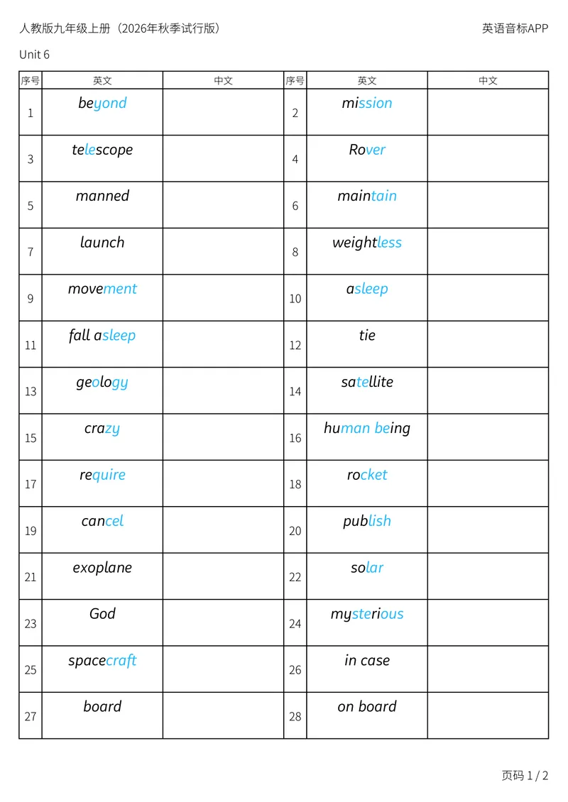 《人教版九年级上册_Unit6英译中_初中英语789_26秋最新人教版英语九年级上册_新版_第二套_04单词类资料_00暴雪制作资料_05.单词背诵默写7个表》第1页预览
