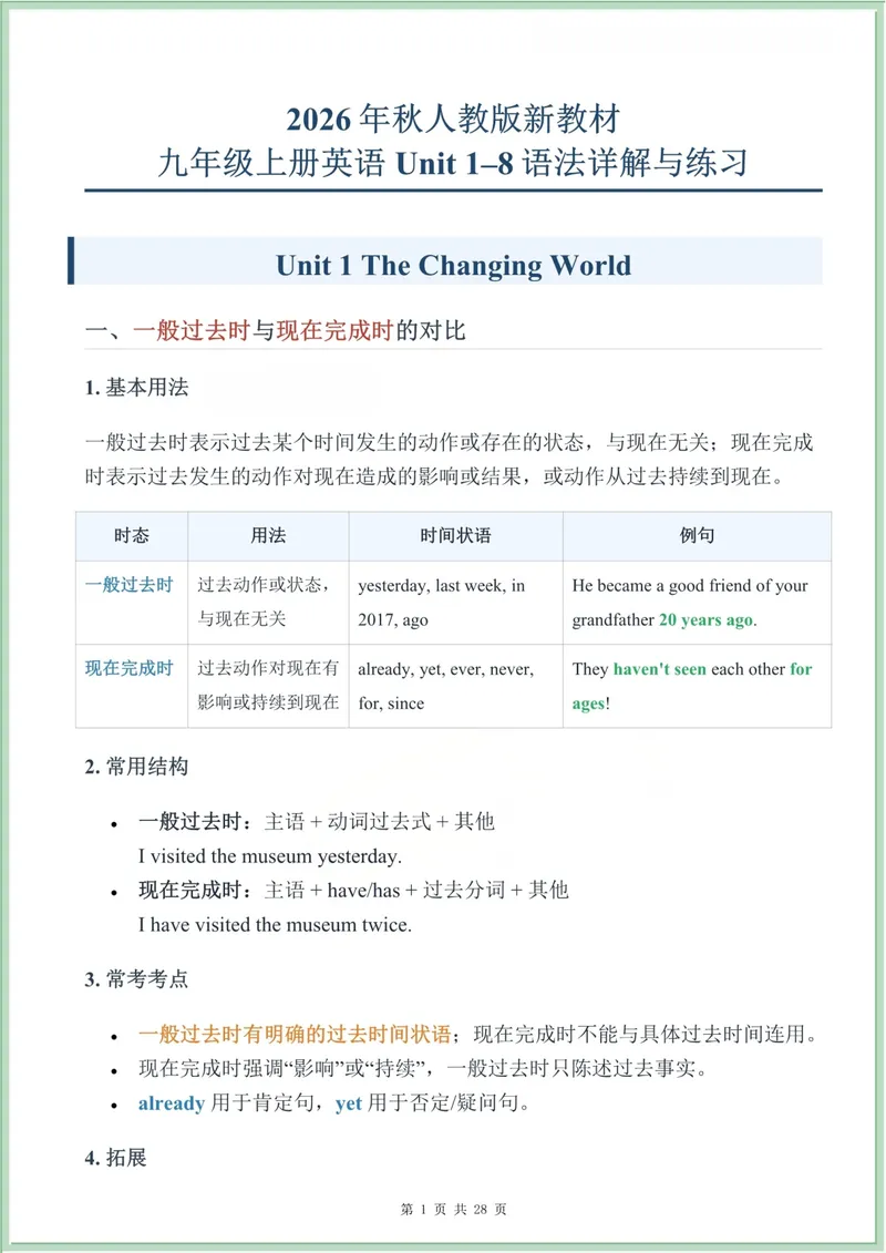《2026秋季九年级上册语法详解与练习U1-8_初中英语789_26秋最新人教版英语九年级上册_26秋人教九上_13、语法详解+练习+答案PDF版》第1页预览