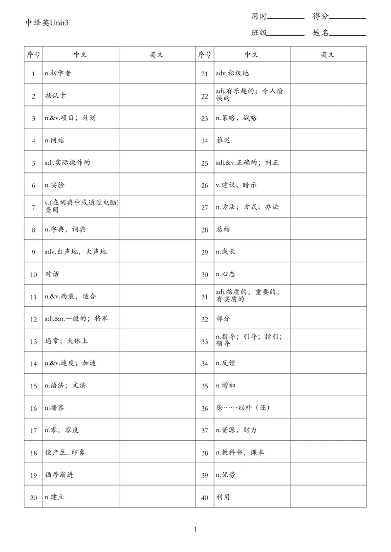 《中译英Unit3_初中英语789_26秋最新人教版英语九年级上册_26秋人教九上_03、单词默写表（中译英+英译中）PDF版+word版》第1页预览