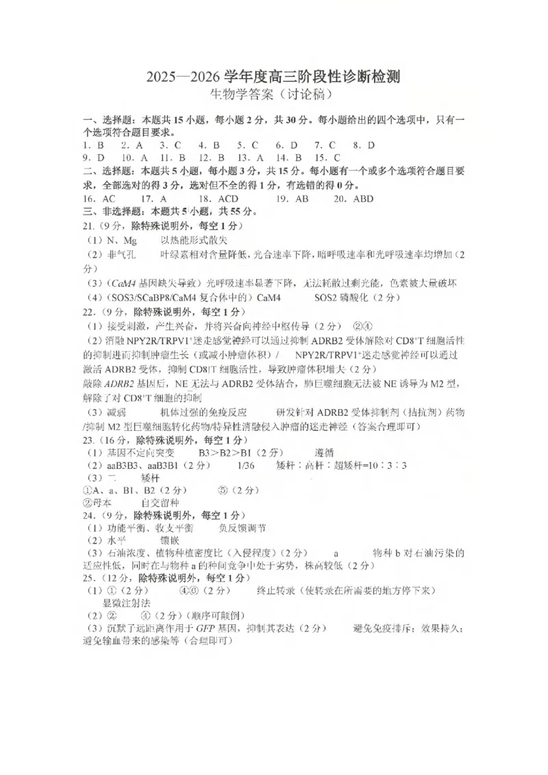 《2025-2026学年度高三教学质量阶段性检测生物答案_2024-2027高三（6-6月题库）_2026年05月高三试卷_260515山东省淄博市2025-2026学年度高三教学质量阶段性检测（淄博二模）（全科）》第1页预览