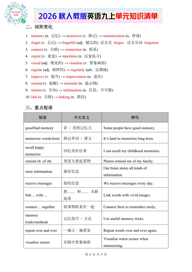 《2026人教版英语九上单元知识清单Unit4_初中英语789_26秋最新人教版英语九年级上册_新版_第二套_09知识清单+单元重点知识_知识清单》第3页预览