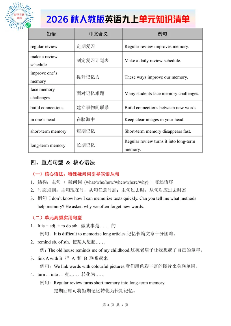 《2026人教版英语九上单元知识清单Unit4_初中英语789_26秋最新人教版英语九年级上册_新版_第二套_09知识清单+单元重点知识_知识清单》第4页预览