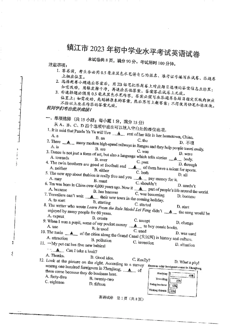《2023江苏镇江英语试卷+答案(PDF版)_12.2026年4月全国各地高考模拟卷_2026版初中金考卷•45套中考试卷汇编系列合集_全国版中考真题(1)_各省市《历年中考真题》2013-2024(10)_22江苏省各市卷》第1页预览
