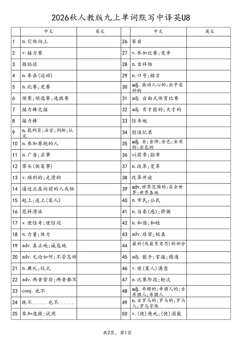 《2026秋人教版九上单词默写中译英U8_初中英语789_26秋最新人教版英语九年级上册_26秋人教九上_03、单词背诵表+默写表（中译英+英译中）PDF版_U8》第1页预览
