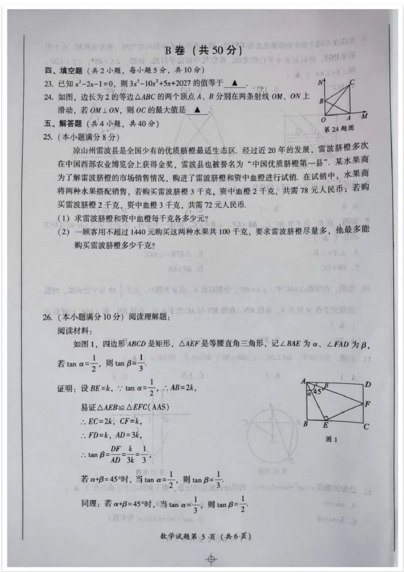 《2023四川凉山数学试卷+答案(图片版)_12.2026年4月全国各地高考模拟卷_2026版初中金考卷•45套中考试卷汇编系列合集_全国版中考真题(1)_各省市《历年中考真题》2013-2024(10)_四川》第5页预览