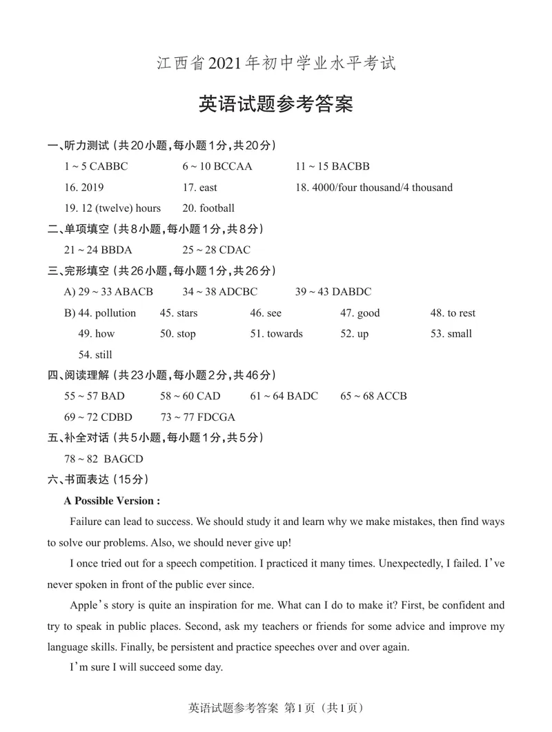 《江西2021年英语参考答案_初中英语789_26秋最新人教版英语九年级上册_人教版英语九年级全册_人教版初中英语9全一册_0最新更新_人教版英语9年级下册_九英下(RJ)--8最新中考题及各地真题_江西》第1页预览