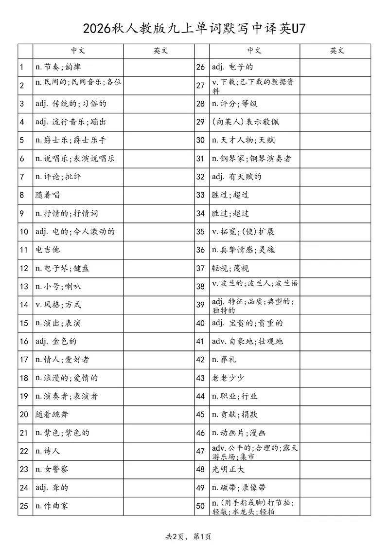 《2026秋人教版九上单词默写中译英U7_初中英语789_26秋最新人教版英语九年级上册_26秋人教九上_03、单词背诵表+默写表（中译英+英译中）PDF版_U7》第1页预览