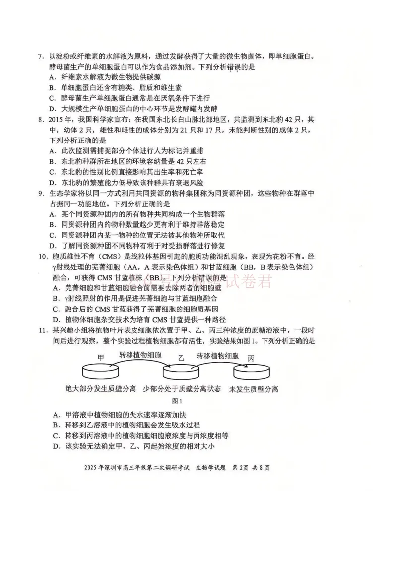 《2025年深圳市高三年级第二次调研考试生物_12.2026年4月全国各地高考模拟卷_2026年4月_2025届广东省深圳市高三第二次调研考试全科_06生物_2025届广东省深圳市高三第二次调研考试》第2页预览