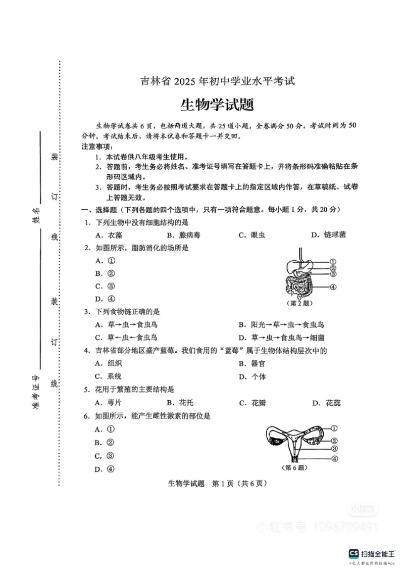 《2025年吉林省中考生物真题原卷_12.2026年4月全国各地高考模拟卷_2026版初中金考卷•45套中考试卷汇编系列合集_全国版中考真题(1)_2025年全国中考真题答案（按省市分类）(10)_吉林省》第1页预览