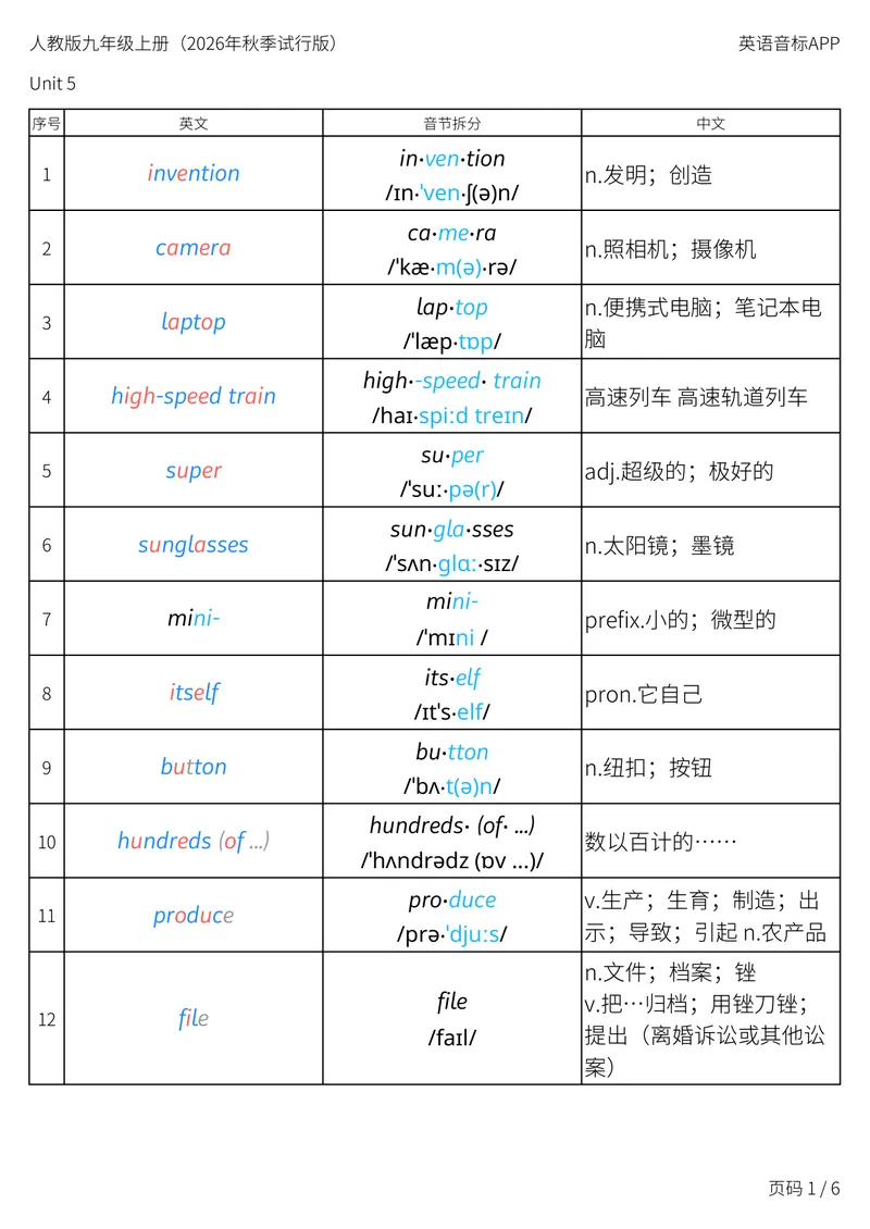 《人教版九年级上册_Unit5音节划分_初中英语789_26秋最新人教版英语九年级上册_新版_第二套_04单词类资料_00暴雪制作资料_05.单词背诵默写7个表》第1页预览