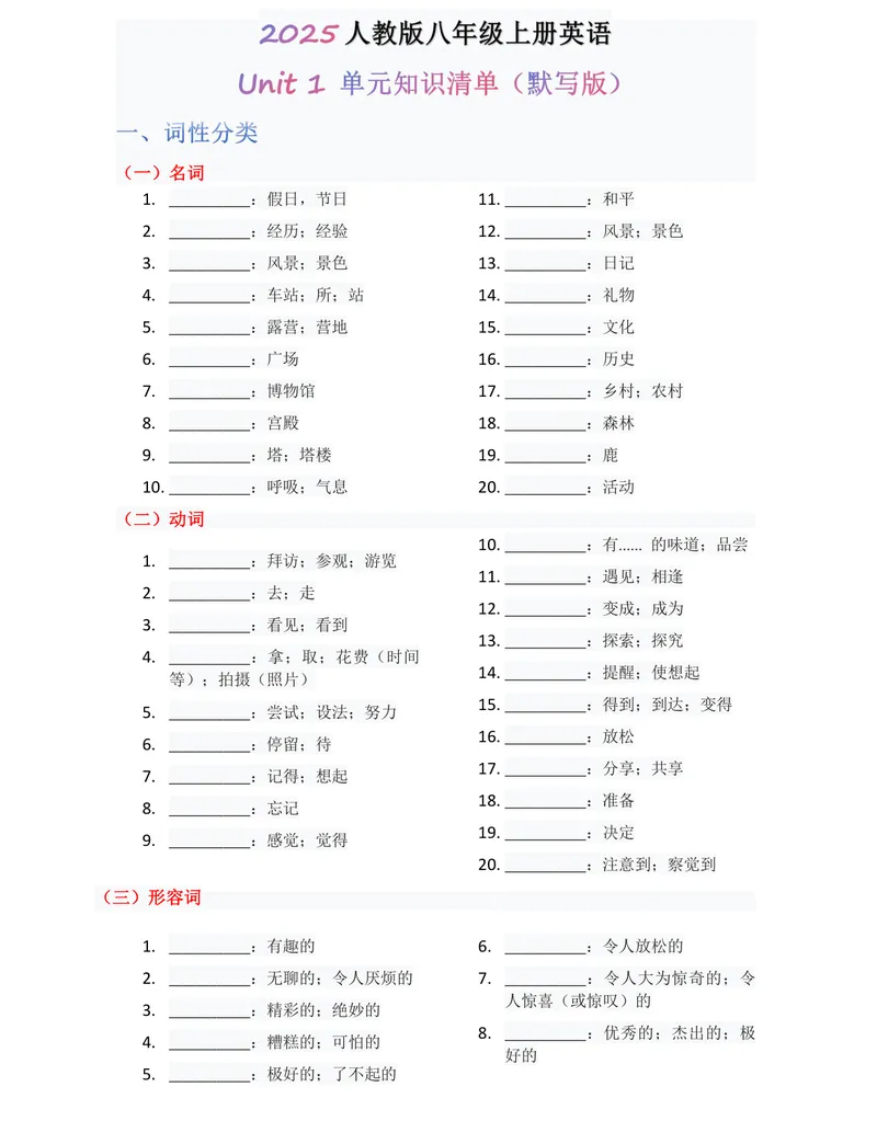 《（合并）单元知识清单Unit1-8默写版_初中英语789_最新人教版英语八年级上册_新版_最新2025秋人教版英语（八年级上册）_2025秋人教版英语8上：预习资料包_14单元知识清单（word+pdf）》第1页预览