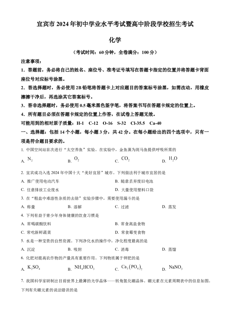 《2024年四川省宜宾市中考化学真题（原卷版）_12.2026年4月全国各地高考模拟卷_2026版初中金考卷•45套中考试卷汇编系列合集_全国版中考真题(1)_各省市《历年中考真题》2013-2024(10)_四川》第1页预览