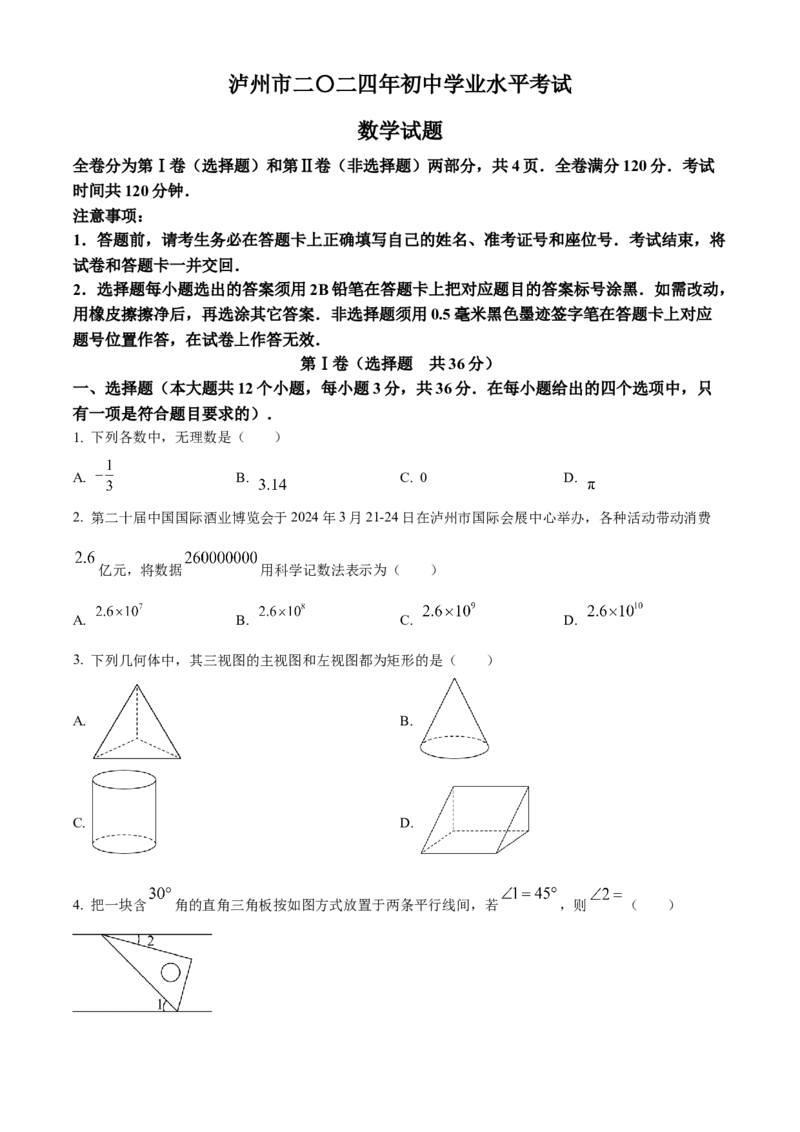 《2024年四川省泸州市中考数学真题（原卷版）_12.2026年4月全国各地高考模拟卷_2026版初中金考卷•45套中考试卷汇编系列合集_全国版中考真题(1)_各省市《历年中考真题》2013-2024(10)》第1页预览