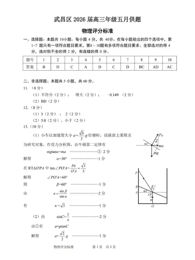 《2026届湖北武昌区高三下学期5月供题物理答案_2024-2027高三（6-6月题库）_2026年05月高三试卷_260516湖北省武汉市武昌区2026届高三年级五月供题（全科）》第1页预览