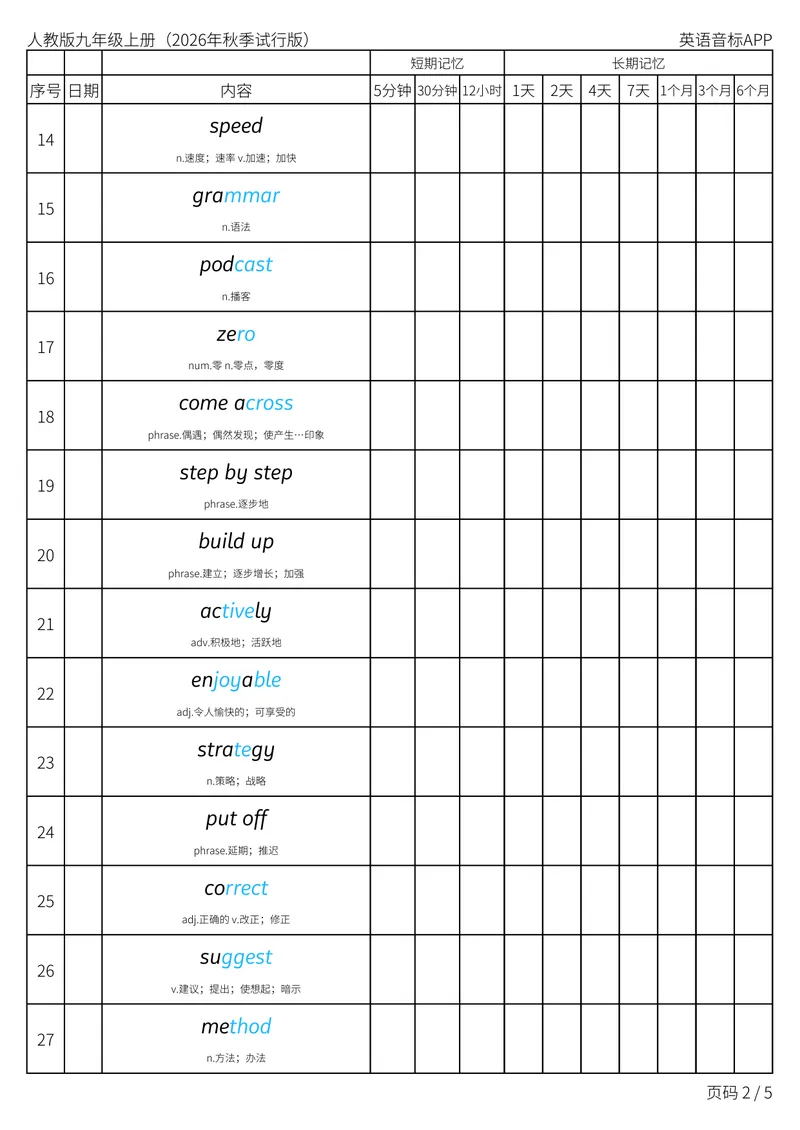 《人教版九年级上册_Unit3艾宾浩斯记忆表_初中英语789_26秋最新人教版英语九年级上册_新版_第二套_04单词类资料_00暴雪制作资料_05.单词背诵默写7个表》第2页预览