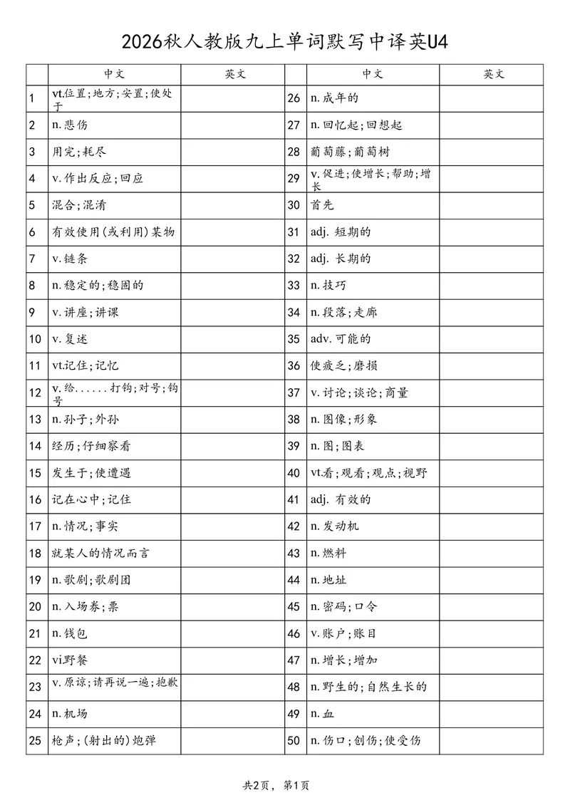 《2026秋人教版九上单词默写中译英U4_初中英语789_26秋最新人教版英语九年级上册_26秋人教九上_03、单词背诵表+默写表（中译英+英译中）PDF版_U4》第1页预览