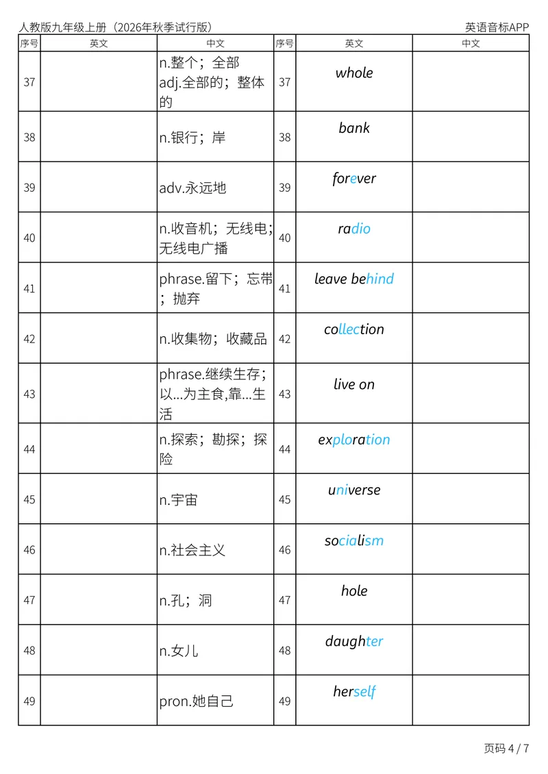 《人教版九年级上册_Unit2英汉互译_初中英语789_26秋最新人教版英语九年级上册_新版_第二套_04单词类资料_00暴雪制作资料_05.单词背诵默写7个表》第4页预览