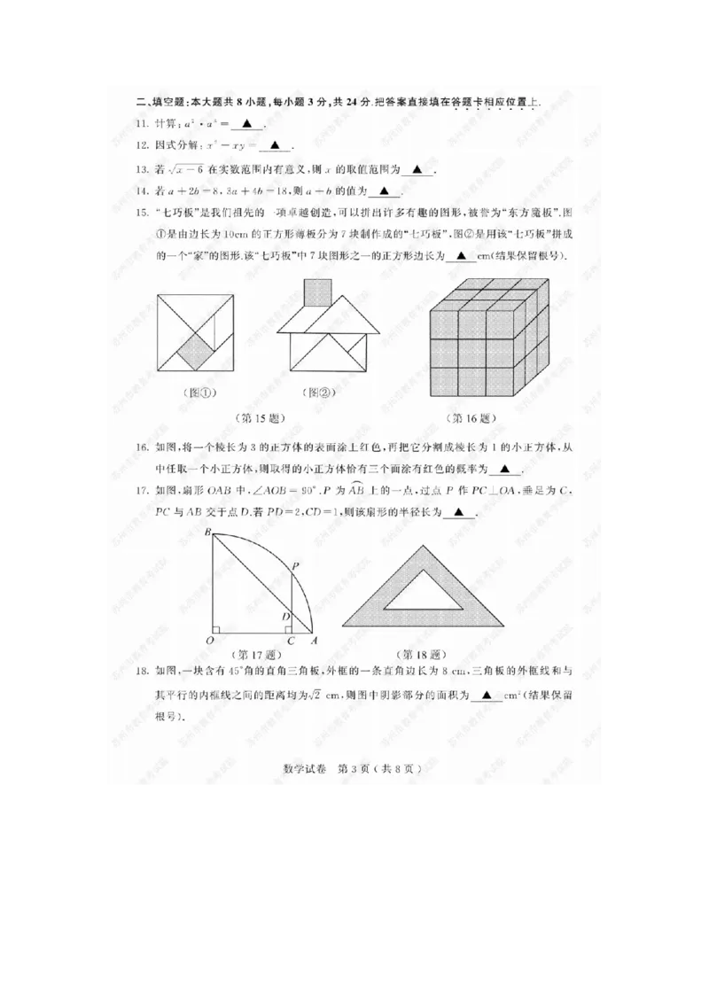 《2019年江苏苏州数学试卷+答案(图片word版)_2026版初中金考卷•45套中考试卷汇编系列合集_全国版中考真题(1)_各省市《历年中考真题》2013-2024(10)_历年中考真题(版本一,按科目划分)》第3页预览