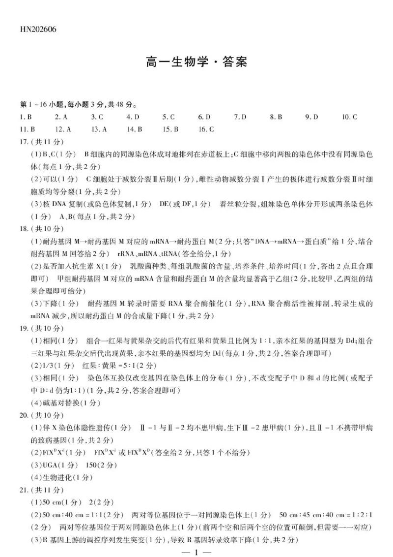 《生物学HN高一简易答案_2024-2027高一（7-7月题库）(1)_2026年06月高一试卷_260616河南省新乡市部分学校2025-2026学年高一下学期6月阶段检》第1页预览