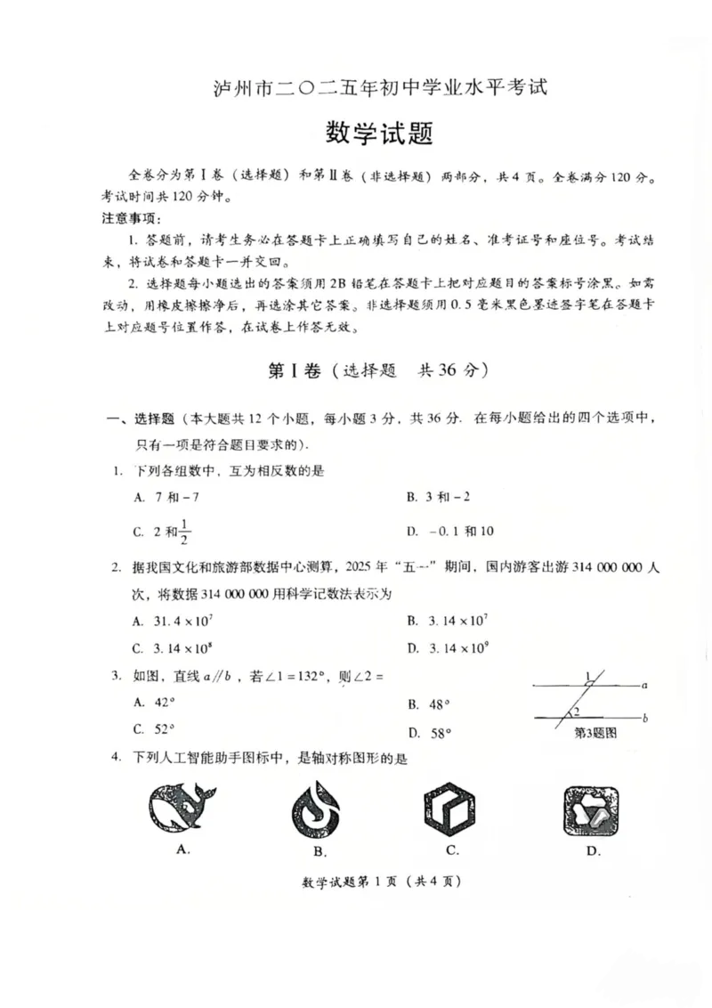 《2025年四川省泸州市中考数学试题_12.2026年4月全国各地高考模拟卷_2026版初中金考卷•45套中考试卷汇编系列合集_全国版中考真题(1)_2025年全国中考真题答案（按省市分类）(10)_四川省》第1页预览