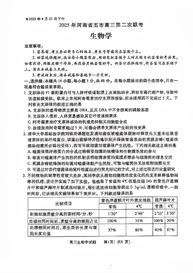 《2025年河南省五市高三第二次联考生物含答案_副本_12.2026年4月全国各地高考模拟卷_2026年4月_2025届河南省五市高三第二次联考全科_06生物_2025届河南省五市高三第二次联考》第1页预览