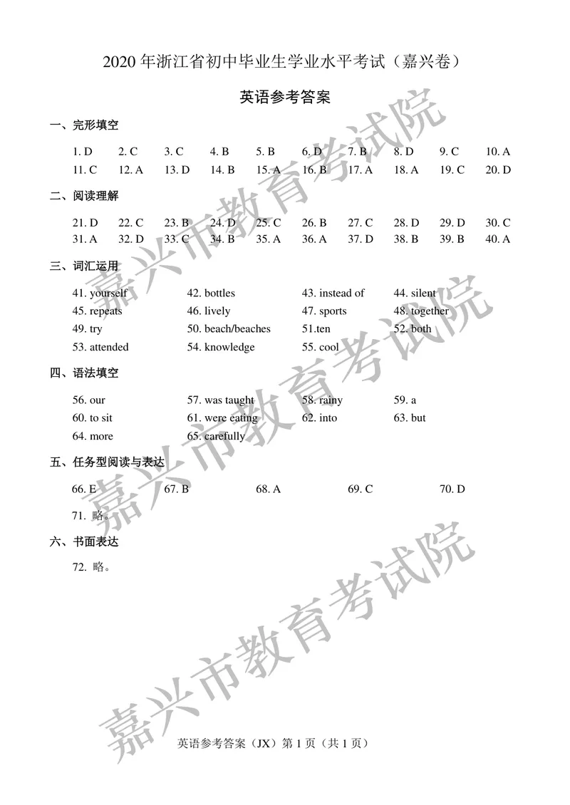 《嘉兴市2020年中考《英语》参考答案_初中英语789_26秋最新人教版英语九年级上册_人教版英语九年级全册_第二套_人教版英语九年级上册中考真题_人教版英语九年级上册中考真题_3浙江》第1页预览