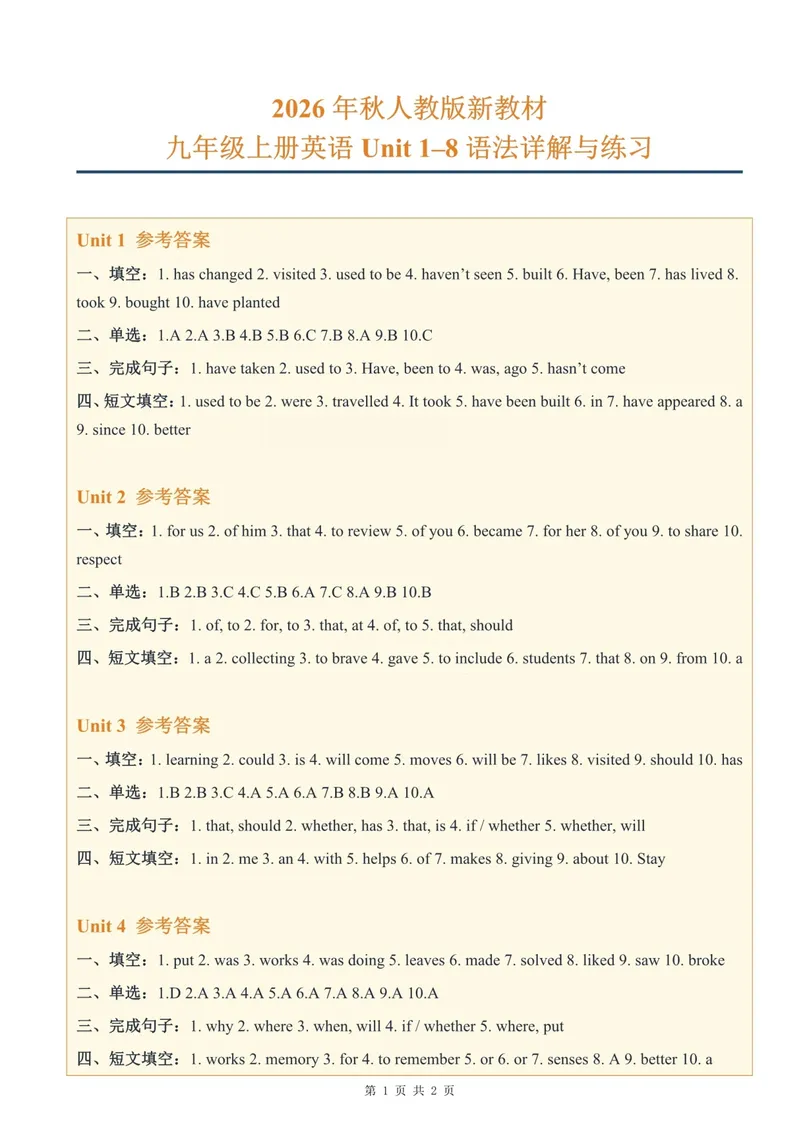 《参考答案(九上语法详解与练习)__初中英语789_26秋最新人教版英语九年级上册_26秋人教九上_13、语法详解+练习+答案PDF版》第1页预览