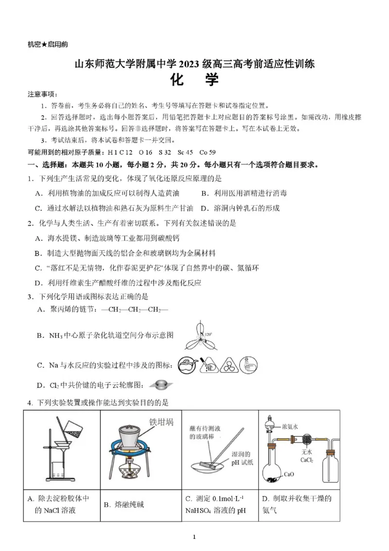 《2026届山东师大附中高考考前打靶化学试题_2024-2027高三(6-6月题库)_2026年06月高三试卷(数理化)_2026年6月高中化学试题汇编_0604化学_2026届山东师大附中高考考前打靶化学试题+答案》第1页预览