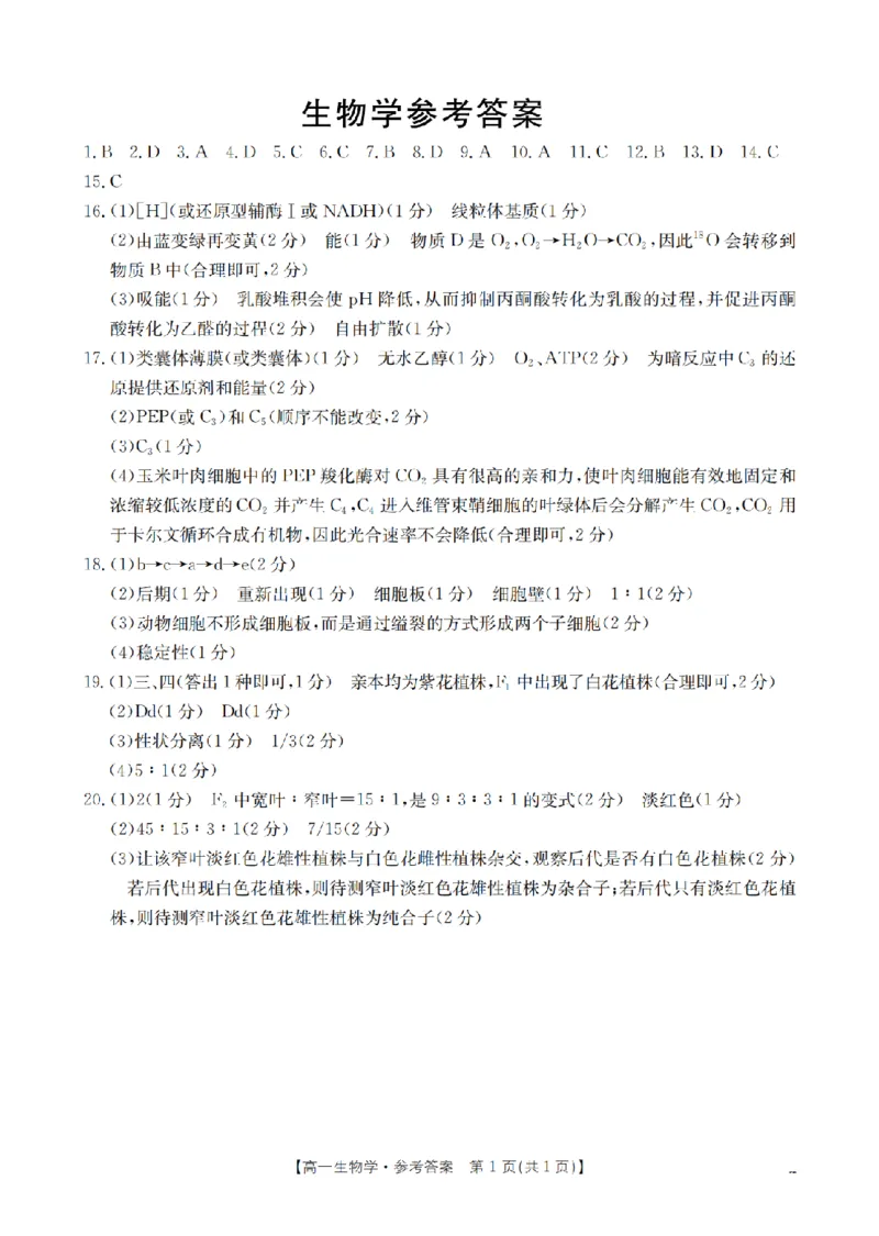 《生物学答案_扫描版_2024-2027高一（7-7月题库）(1)_2026年05月高一试卷_260506重庆市2025-2026学年高一下学期4月联考（全）》第1页预览