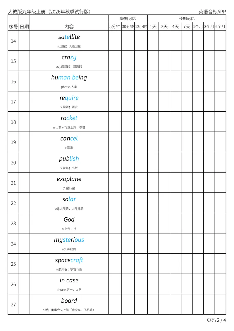 《人教版九年级上册_Unit6艾宾浩斯记忆表_初中英语789_26秋最新人教版英语九年级上册_新版_第二套_04单词类资料_00暴雪制作资料_05.单词背诵默写7个表》第2页预览
