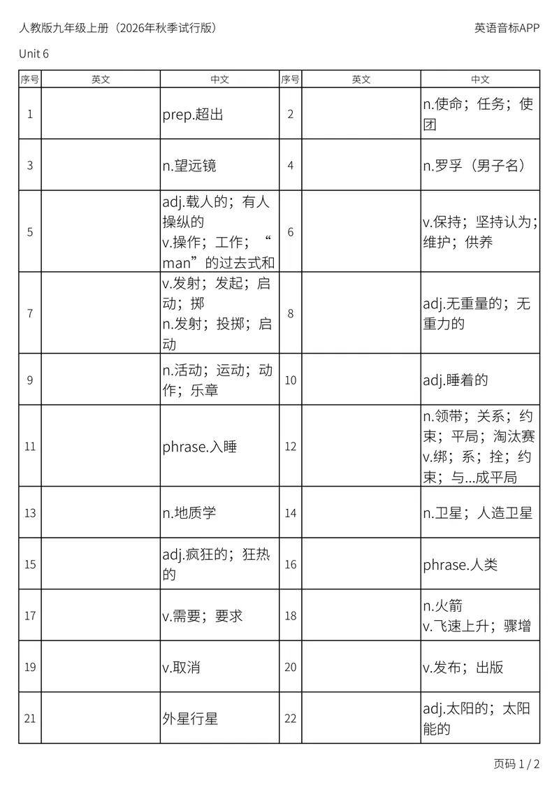 《人教版九年级上册_Unit6中译英_初中英语789_26秋最新人教版英语九年级上册_新版_第二套_04单词类资料_00暴雪制作资料_05.单词背诵默写7个表》第1页预览